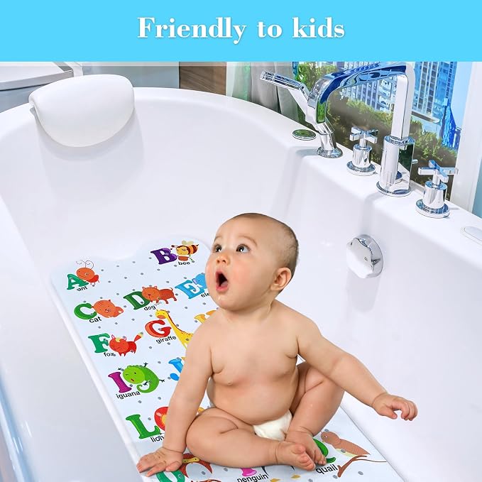 Secopad Bath Mat for Tub Non Slip, Machine Washable Anti-Slip Cartoon Baby Bathtub Shower Mat with Drain Holes and Suction Cups for Toddler & Kids (40 Inch x 16 Inch-Rectangular, Alphabet and Animals)
