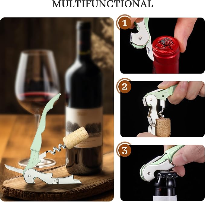 HYZ 2-Pack Wine Opener Waiter Corkscrew, Professional Wine Key for Servers, Bartender with Foil Cutter, Manual Wine Bottle Opener Double Hinged (Matcha Green)