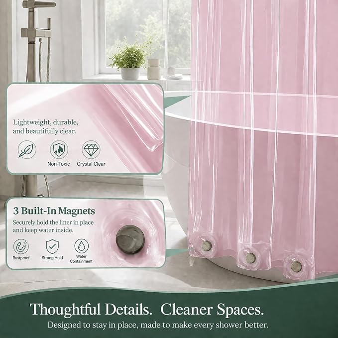 EHZNZIE Pink Shower Curtain Liner 72x72, PEVA Waterproof Bath Curtain, No Chemical Smell, 3 Weighted Magnets, Durable with Rustproof Metal Grommets