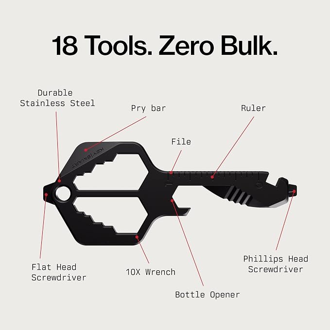 KeySmart Multitool Pro - 18-in-1 Multifunction Key Shaped Tool Pocket Multi-Tool Key Chain Bottle Opener Keychain, Key Multitool Keychain for Men Gift, EDC Gear Keychain, Black, 1 Pack