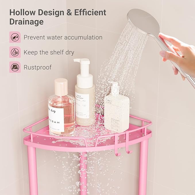 ELYKEN Corner Shower Caddy Standing, 4 Tier Rustproof Metal Shower Organizer with Soap Holder, Floor Shower Corner Shelf Rack Storage Stands with Adjustable Feet & 2 Hooks for Bathroom, Pink