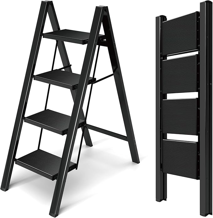 HillhutApex 4 Step Ladder, Lightweight Foldable 4 Step Stool with Anti-Slip Wide Pedal, 330lbs Capacity Aluminum Ladder for Household,Office,Garage(Black)