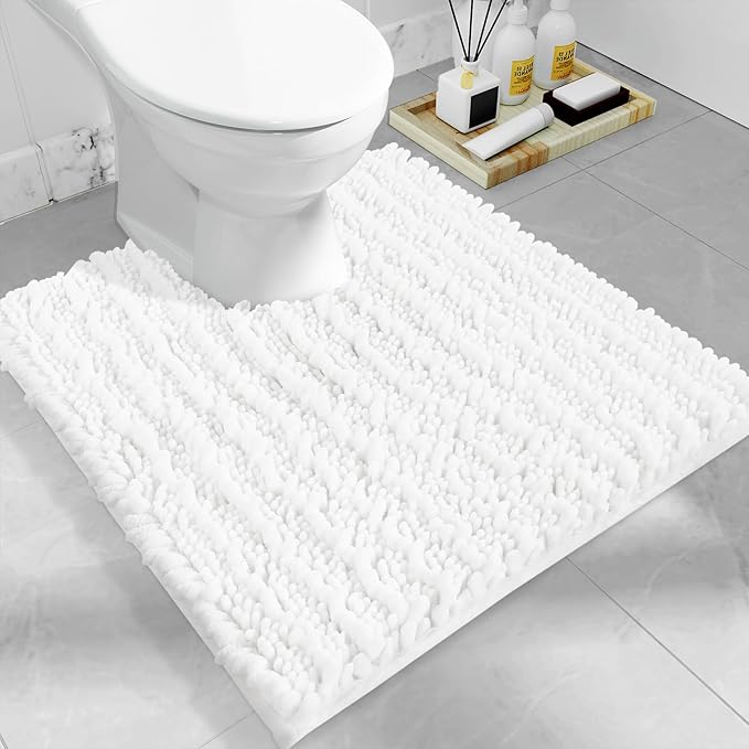 Yimobra Toilet Rug U Shaped Washable 24x24 Inch - Ultra Soft Absorbent Chenille Bath Rugs for Toilet, Quick Dry & Machine Washable, Non Slip Contour Bathroom Mat, White
