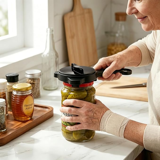 Jar Openers for Seniors, 4-in-1 Can Opener for Weak Hands & Seniors – Ergonomic Non-Slip Handle, Fits 1-3.5 Inch Kitchen Mason Jars, Bottles & Cans (Black)