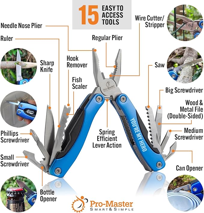 YOU ARE MY HERO Engraved 15-in-1 Multitool & Keychain Set, Stainless Steel Locking EDC Gear, Practical Gifts for Men, Dad, Husband, Son, Brother, Boyfriend, Camping Hiking Fishing Survival Tool