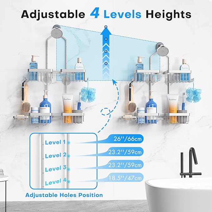 Sewulidon Aluminum Alloy Hanging Shower Caddy for Handheld Shower Heads,Rustproof Hose Shower Organizer 4 Levels Height Adjustable Shower Rack with Hooks,Razor Holder,Soap Holder
