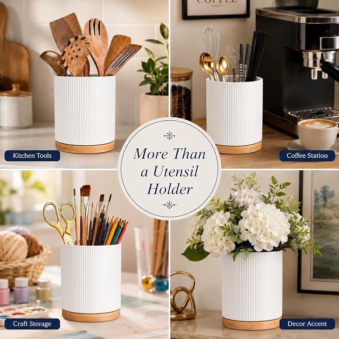 QUELIEN Utensil Holder, 360° Rotating Ceramic Kitchen Utensil Holder for Countertop, 7.7" Utensil Crock for Kitchen Counter with Rotatable Wooden Base,Ideal Housewarming Gift & Mothers Day Gift