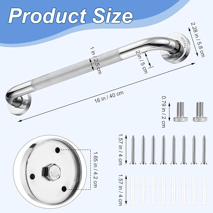 4 Pack 16 Inch Grab Bars for Bathtubs and Showers Anti Slip Shower Handle Stainless Steel Bathroom Grab Bar Holds Up to 500Lbs 1" Diameter Handicap Shower Grab Bars for Wall for Elderly and Disabled