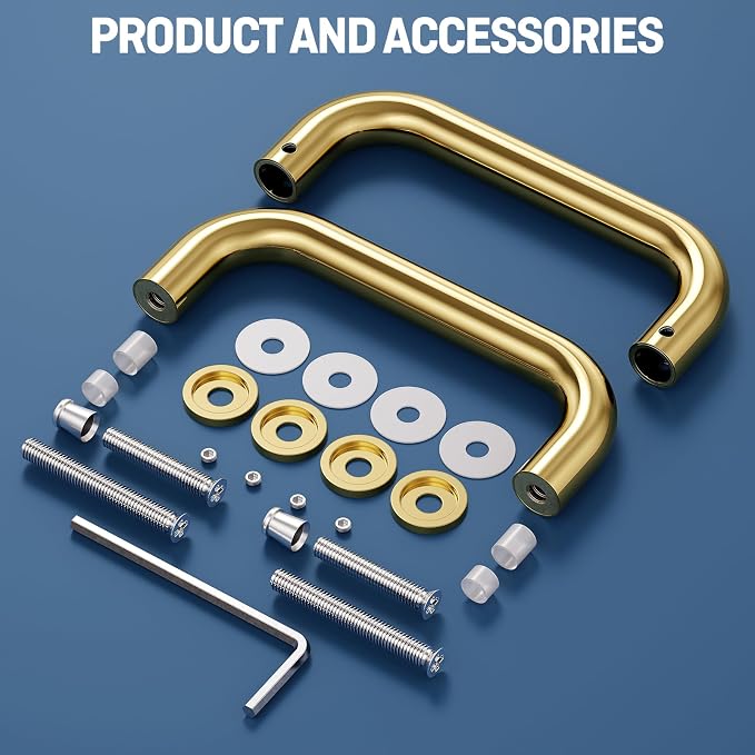 Ranbo Polished Gold 6" （CTC） Tubular Back-to-Back Shower Door Handle，3/4" Diameter Pull Handles with Metal Washers, for 1/4"- 1/2" Thick Glass and 1-3/8" - 2-1/6" Thick Wooden or Metal Doors