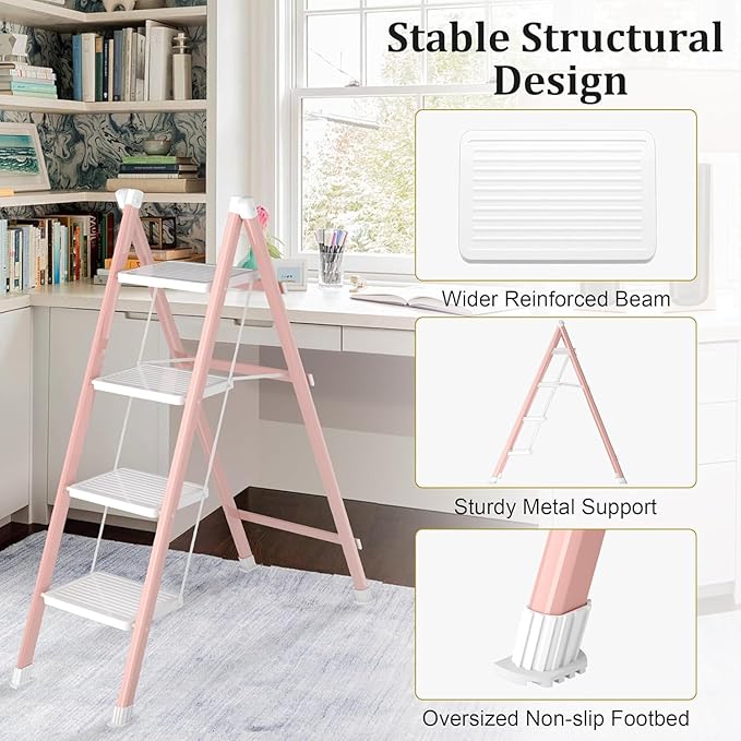 DIAMONDFORGE 4 Step Folding Ladder, Heavy Duty Steel Step Stool with Anti-Slip Wide Pedal & Feet, 600 lbs Capacity, Safety Ladder for Home and Office, Pink White