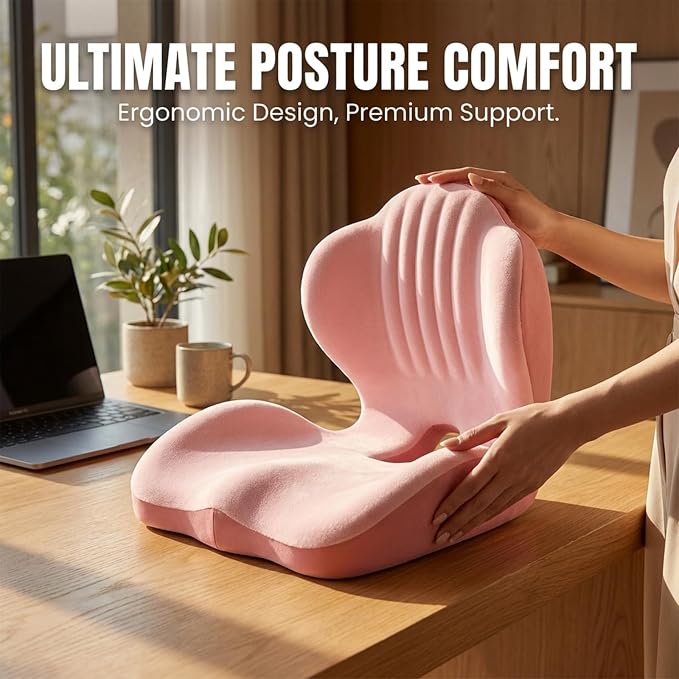 SakerPlus Ergonomic Memory Foam Seat Cushion and Back Support Pillow, One Piece Chair Cushion with Lumbar Support, L Shaped Office Chair Cushion for Desk Chair, Car Seat, Computer Wheelchair (Pink)