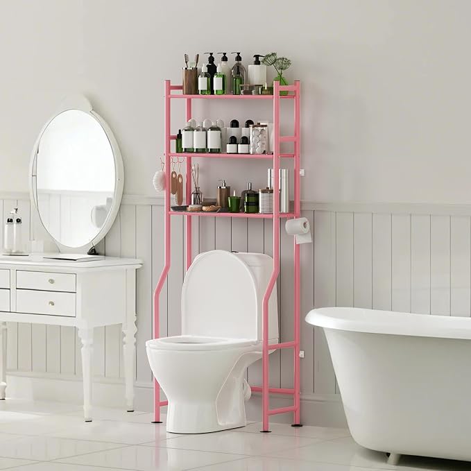 3-Tier Over The Toilet Storage Organizer, Space-Saving Bathroom Rack with Paper Holder & 4 Hooks, 64" Tall Freestanding Carbon Steel Shelf for Small Apartment Laundry Room (Pink)