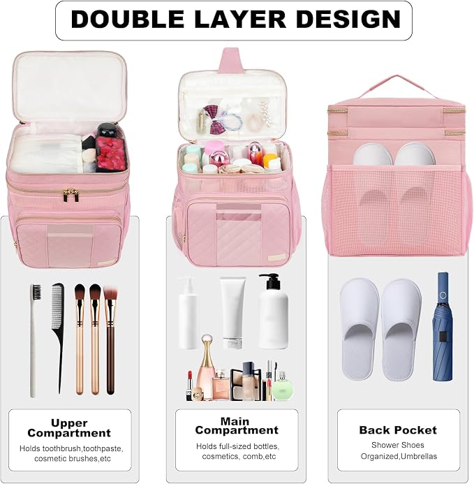 Portable Shower Caddy College Dorm Essentials, Large Toiletry Bag for Women Men, 2 Layers Quickly Dry Mesh Bathroom Tote Bag, Hanging Makeup Organizer Bag for Travel, Gym, Camping (Pink)