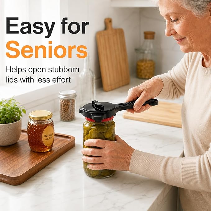 2 in 1 Adjustable Jar Opener for Seniors, Effortless Stainless Steel Lid Opener for Weak Hands & Arthritis, Multi-Function Bottle and Cans Opener, Unique Father's Day Gifts for Men (1PC) (Black)