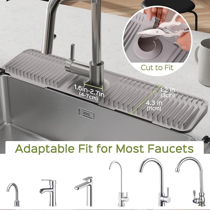 24 Inch Silicone Faucet Mat for Kitchen Sink Splash Guard – 2025 Upgraded Draining Mat with Water Tray Behind Faucet – Countertop Protectors to Catch Spills (Gray, 24" x 5.5" )