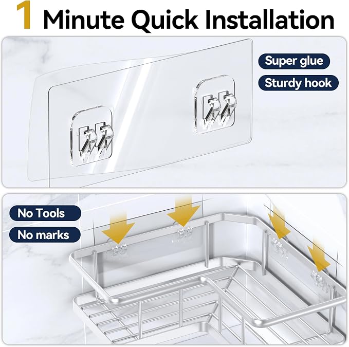 YASONIC Corner Shower Caddy Adhesive, 100% Rustproof Shower Organizer, No Drill Shower Shelf for Inside Shower, Wall-Mounted Shower Storage for Homes (2 Pack, Silver)