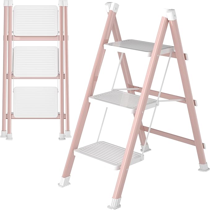 DIAMONDFORGE 3 Step Ladder, Folding Step Stool with Anti-Slip Wide Pedal, Anti-Slip Feet, Sturdiest Steel Construction, 330lbs Capacity Steel Ladder for Home and Office, Pink White
