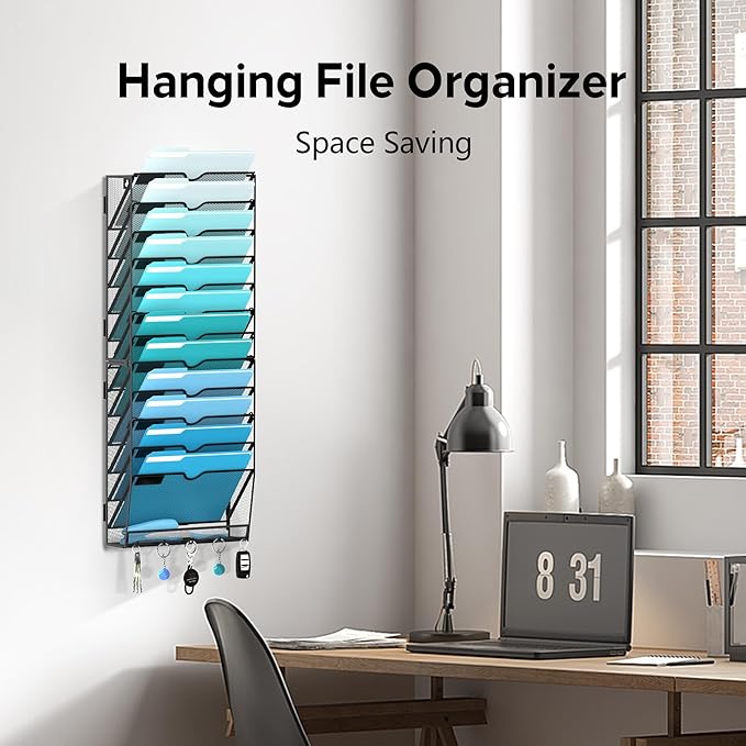 13 Tier Wall File Organizer - Hanging File Organizer with 5 Hooks, Mail Holder Wall Mounted for Papers, Folders, Magazines, Bills, Office&School Organization, Black