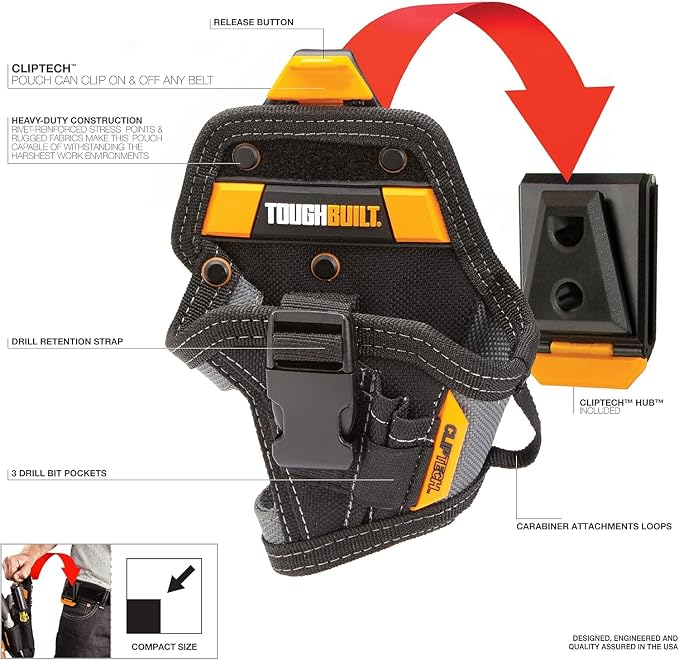 ToughBuilt ClipTech Series – Compact Drill Holster, Heavy-Duty Tool Holster ClipTech Hub, Adjustable Drill Strap, Bit Pockets, Rugged 1680D Construction Secure Jobsite Access (TB-CT-20-S)