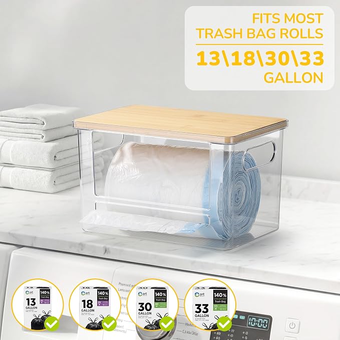 Trash Bag Dispenser Holder, 3-in-1 Laundry Detergent Dispenser Under Sink Organizer Box & Bamboo Lid, Clear Laundry Room Organization and Storage, Kitchen Garbage Bags Storage Container