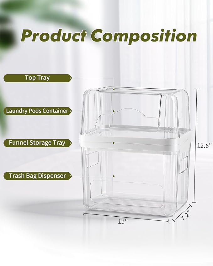 iCASA Trash Bag and Dishwasher Pod Dispenser - 3 in 1 Clear Storage Bins Holder for 13/30/33 Gallon Garbage Bags, Laundry Detergent Pods & Tabs, Under Sink Organizer for Kitchen and Laundry Room
