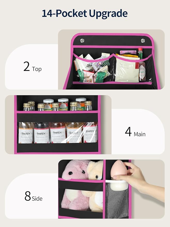 Yecaye 5 Tier 1Pc Over the Door Organizer, Stuffed Animal Storage with Clear PVC Windows, Door Organizer Hanging for Bedroom Nursery Closet Dorm Room Laundry Pantry Bathroom, Black and Pink, 1 Pack
