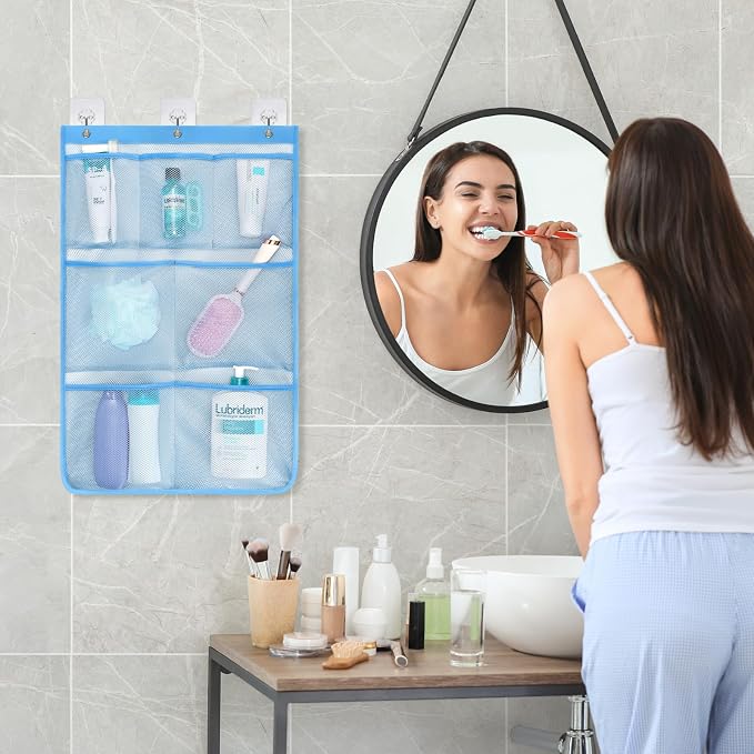 F-color Cruise Essentials 2026 - Mesh Shower Organizer Hanging with 7 Pockets for RV Gym Camping, Quick-Dry Portable Toiletry Bag with Metal Hooks for Bathroom Travel Toiletries, Blue+Blue