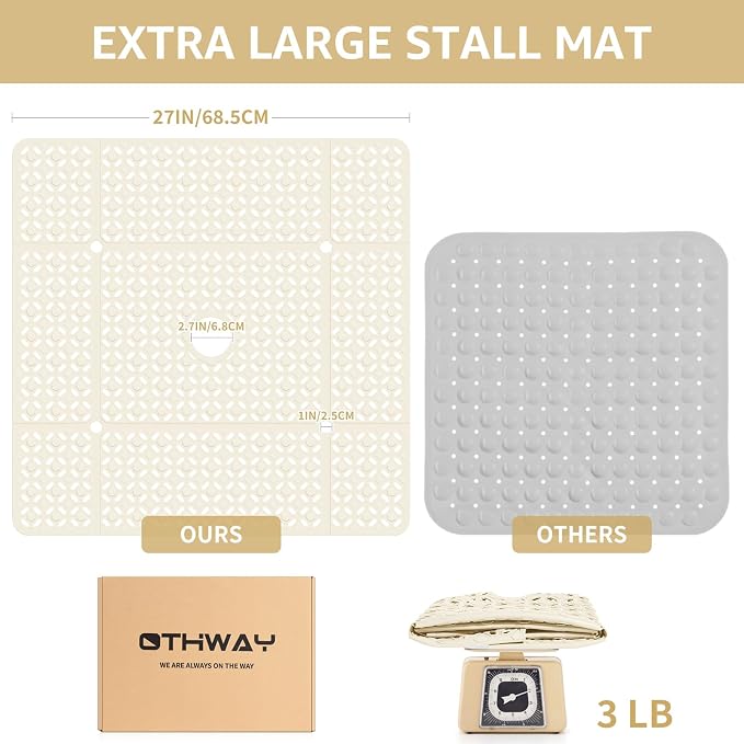 OTHWAY Square Shower Mat, 27"x 27" Extra Large Shower Mats for Inside Shower, TPE Anti Slip Shower mat with Suction Cups Drain Holes, Machine Washable Shower Floor Mat (Beige)