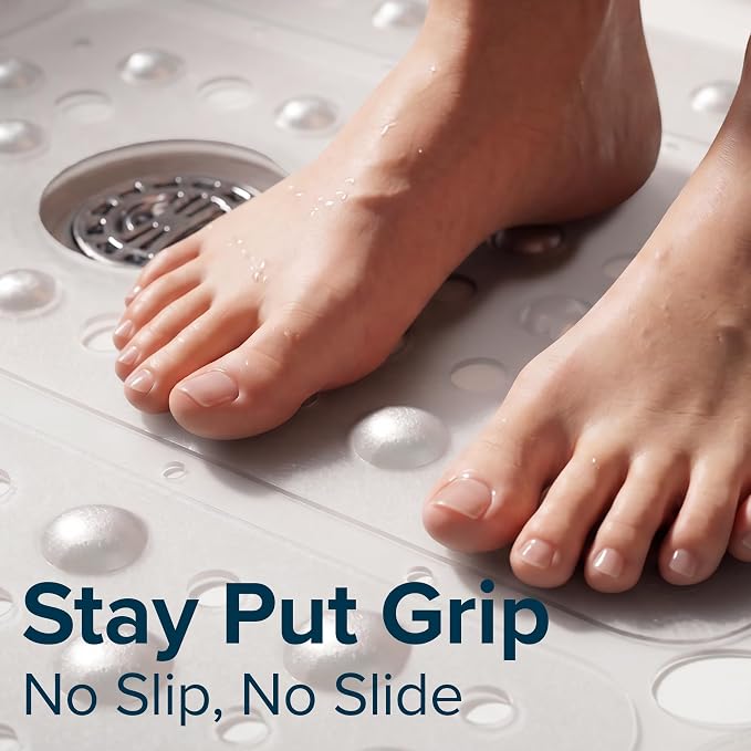 SlipX Solutions 27" Oversize Square Shower Mat, Non-Slip Mat for Elderly & Kids, 100+ Power Grip Suction Cups for Smooth Surfaces, Machine Washable, White Pearl