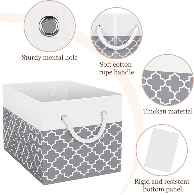 Fab totes Storage Bins 6-Pack, Foldable Storage Baskets for Organizing Toys, Books, Shelves, Closet, Large Storage Box with Rope Handles, Sturdy Organizer Bins,Clover Grey