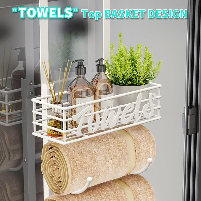 HapiRm Towel Racks for Bathroom Storage - 6 Tier Over The Door & Wall Mount Rolled Towel Storage Organizer Holder with Metal Shelf Basket for Small Bathroom, Camper, Rv - White, Patented
