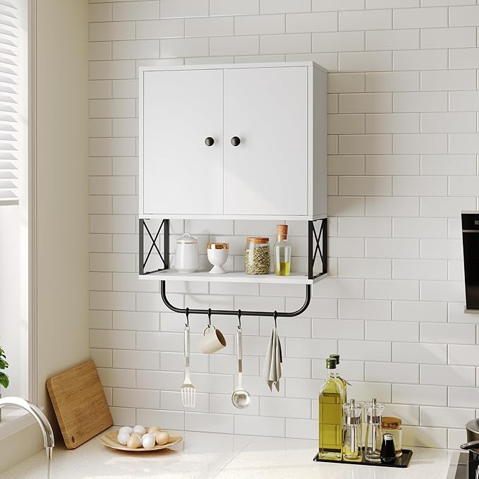 MAHANCRIS Bathroom Wall Cabinet with 2 Door and Adjustable Shelf, Farmhouse Medicine Cabinet with Towel Rack, 3-Tier Wall Mounted Storage Cabinet Over The Toilet for Bathroom, 18.9" L, White
