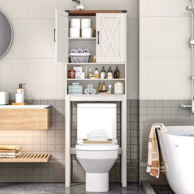 Vabches Over The Toilet Storage Cabinet, Bathroom Organizer with 2 Barn Doors, Farmhouse Space-Saving Toilet Rack with Adjustable Shelf,for Bathroom, Toilet, Laundry Room