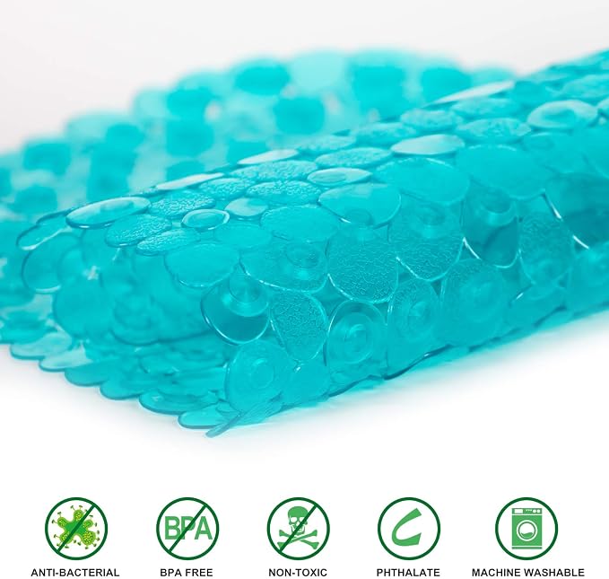 WELTRXE Pebbles Bath Mat Oval Non-Slip Bathtub Mat with Suction Cups, Drain Holes for Bathroom Showers, Tub, Machine Washable, BPA, Latex Free Safe Shower Mats, 27 x 14 Inch, Teal