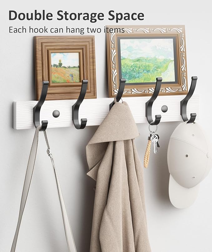 Optish Coat Rack Wall Mount, 16.5 Inches Wood Coat Hooks Wall Mount, Wall Coat Rack with 5 Hooks, Hat Rack Wall Hooks for Hanging Coat, Bag, Towel (2Pack, White)