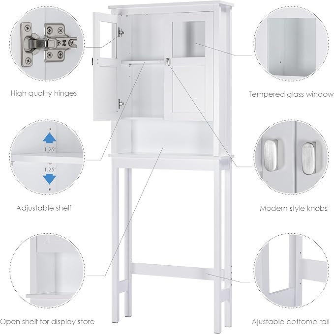 Spirich Bathroom Cabinet Over Toilet, Bathroom Storage Cabinet with Glass Doors and Adjustable Shelves, Over The Toilet Storage Cabinet, White