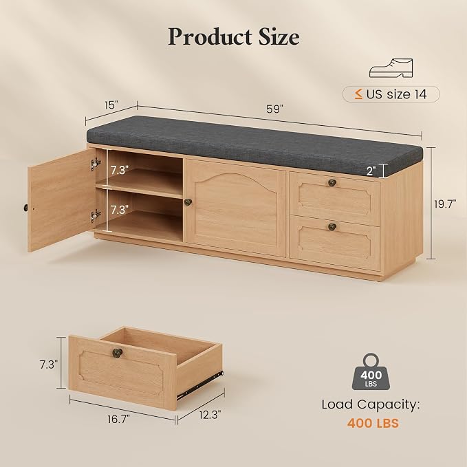 59" Storage Bench with Drawer, 2-Tier Shoe Bench with Doors, Long Entryway Bench, Thickened Cushion, Adjustable Shelf, Recessed Design for Entryway, Bedroom, Living Room, Natural