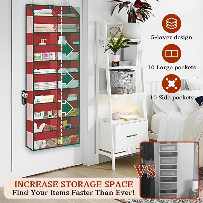 Christmas Over The Door Organizer 5 Tiers, Extra Large Behind Door Storage of 10 Compartments, 80 lbs Weight Capacity Hanging Storage Organizer with Clear Window Kids Toys, Shoes, Diapers, Red