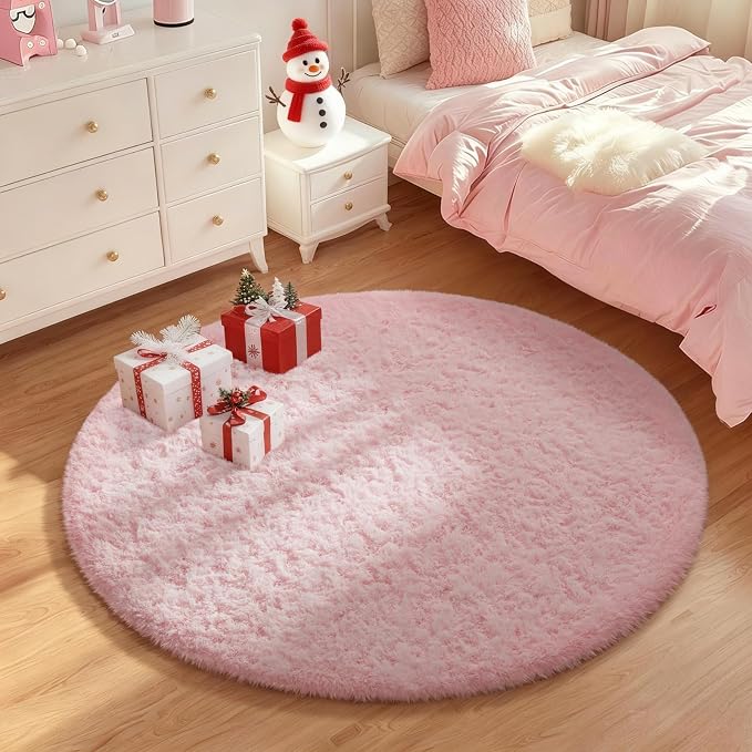 Ophanie Round Rugs 5Ft Pink Circle Area Rug, Fluffy Fuzzy Bedroom Carpet, Plush Soft Shaggy Indoor Floor Kawaii Living Room Rugs for Kids, Cute Room Decor for Teen Girls Home Decor Aesthetic, Nursery
