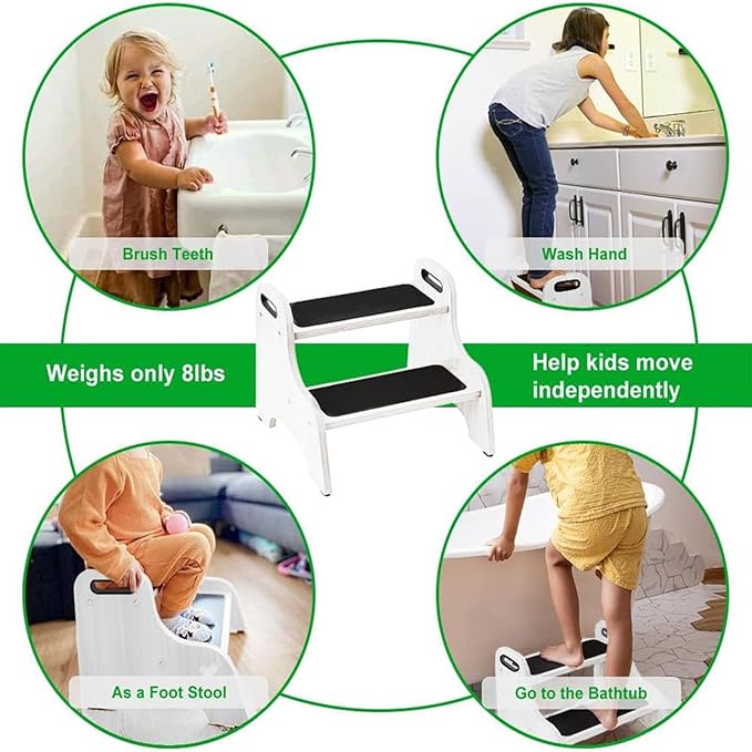 StrongTek Wood 2 Step Stool for Kids with Non-Slip Stepping Surface, Portable Handles, Skid Resistant Foot Pads, and 350 lbs. Capacity, Multipurpose Heavy-Duty Support (White)