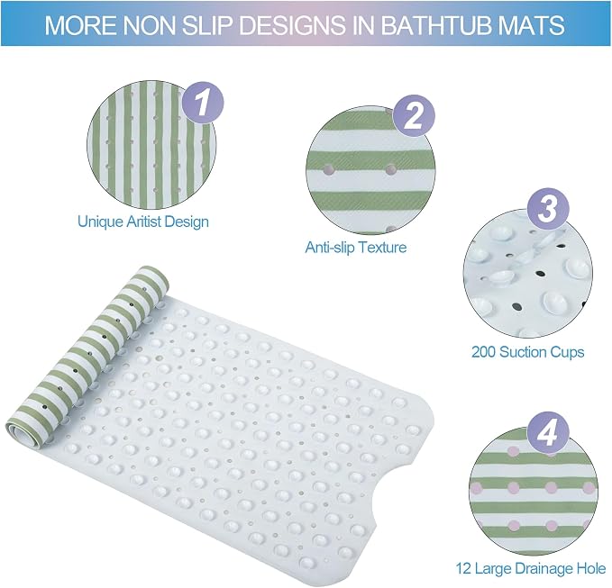 Stripes Green Bathtub Mat Non Slip 40x16 Inch Extra Long Bath Mat, Modern Art Shower Mat Non Slip, Bath Mat for Tub Anti Slip with Large Drain Holes Suction Cups Design Bathroom Mat