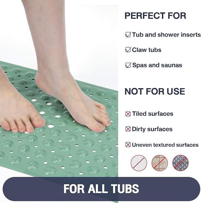Extra Long Bathtub Mat Non Slip, MARRS Green Soft Bath Mat for Tub 40 x 16 Inch Full Size, Bath Tub Shower Mats for Bathroom Floor, Big Suction Cups and Drain Holes, Easy Washable, BPA Free