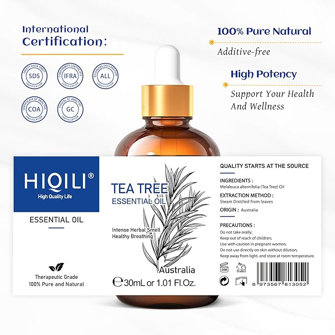 HIQILI Tea Tree Oil for Skin, Hair, Toenail, Add to Shampoo, Body Wash, Soap, Foot Soak - 1.01 Fl Oz