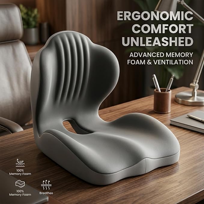 SakerPlus Ergonomic Memory Foam Seat Cushion and Back Support Pillow, One Piece Chair Cushion with Lumbar Support, L Shaped Office Chair Cushion for Desk Chair, Car Seat, Computer Wheelchair (Pink)