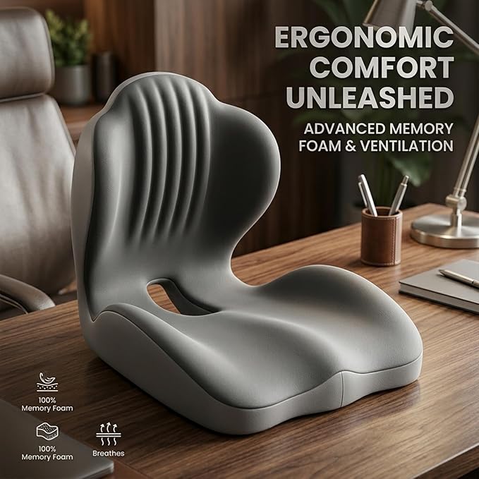 SakerPlus Ergonomic Memory Foam Seat Cushion and Back Support Pillow, One Piece Chair Cushion with Lumbar Support, L Shaped Office Chair Cushion for Desk Chair, Car Seat, Computer Wheelchair (Black)