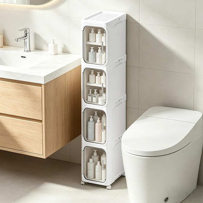 LXLXXL 4-Tier Narrow Storage Cabinet Slim Bathroom Storage Cabinet with Movable Wheels Tall Bathroom Organizer Skinny Cabinet for Small Spaces，White