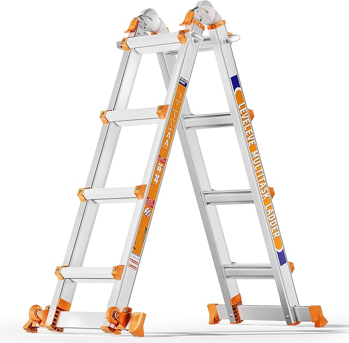 LEVELEVE Telescoping A Frame Ladder, 14FT Multi Position Ladder with Stabilizer Bar & Wheels,330 lbs Security Load for Stairs Home Indoor Outdoor Roof
