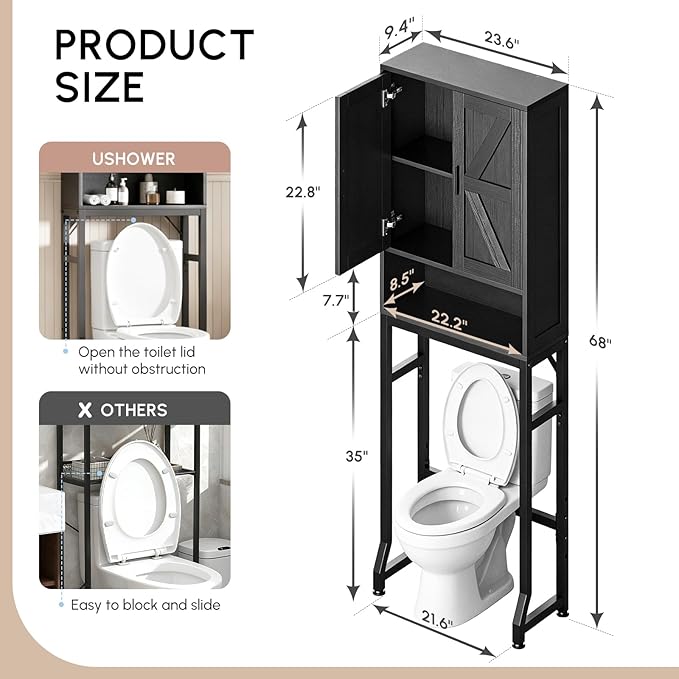 USHOWER Over The Toilet Storage Cabinet, Bathroom Organizers and Storage with Barn Doors, Thicken Metal Stand & MDF Wood Above Toilet Storage Cabinet, Freestanding Space Saver, Black