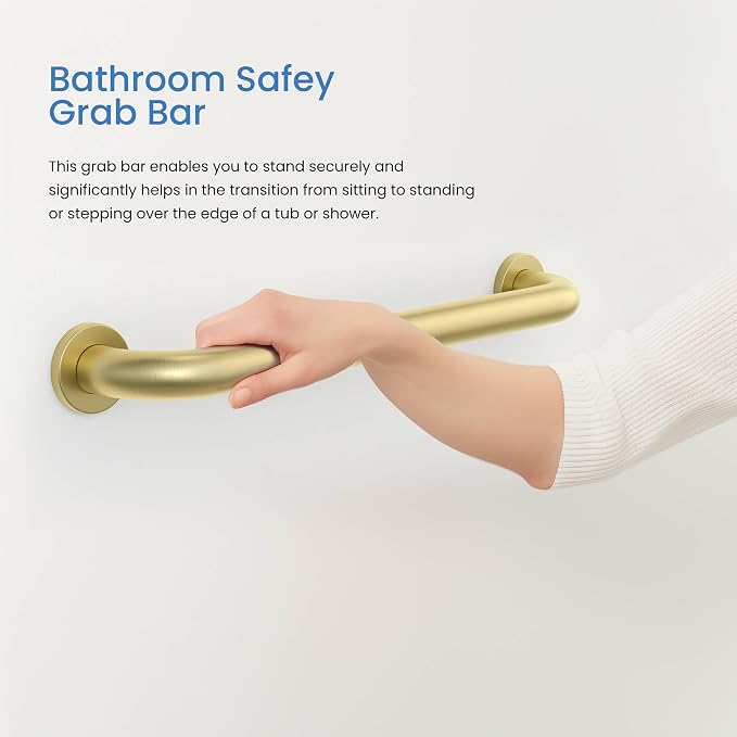KIBI 12 Inch Stainless Steel Bathroom Safety Grab Bar | Curved Shaped Grab Bar for Bathtubs and Showers, Shower Safety Grab Bars for Seniors, Wall Mounted Anti-Slip Support (Brushed Gold, KGB1012)