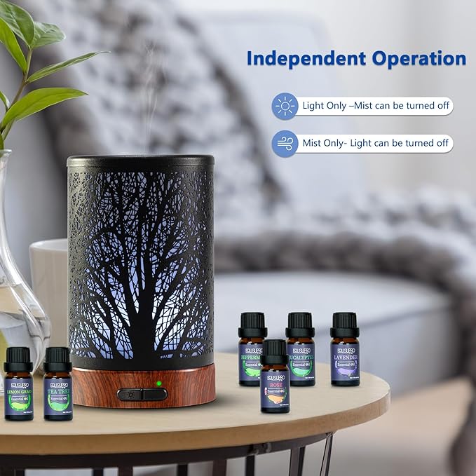 EQUSUPRO Essential Oil Diffuser Aromatherapy Diffuser 150ml with 6 Essential Oils Set, Diffuser for Essential Oils, Auto Off 7 Colors Night Light Gifts for Mom